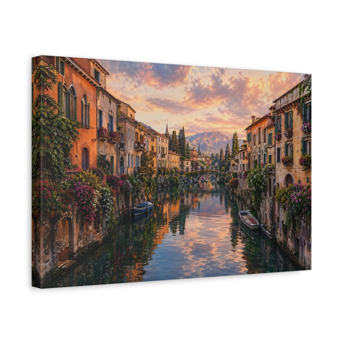 Side Mockup 4. Nature Canal Town Sunset Canal shown as stretched canvas wall art