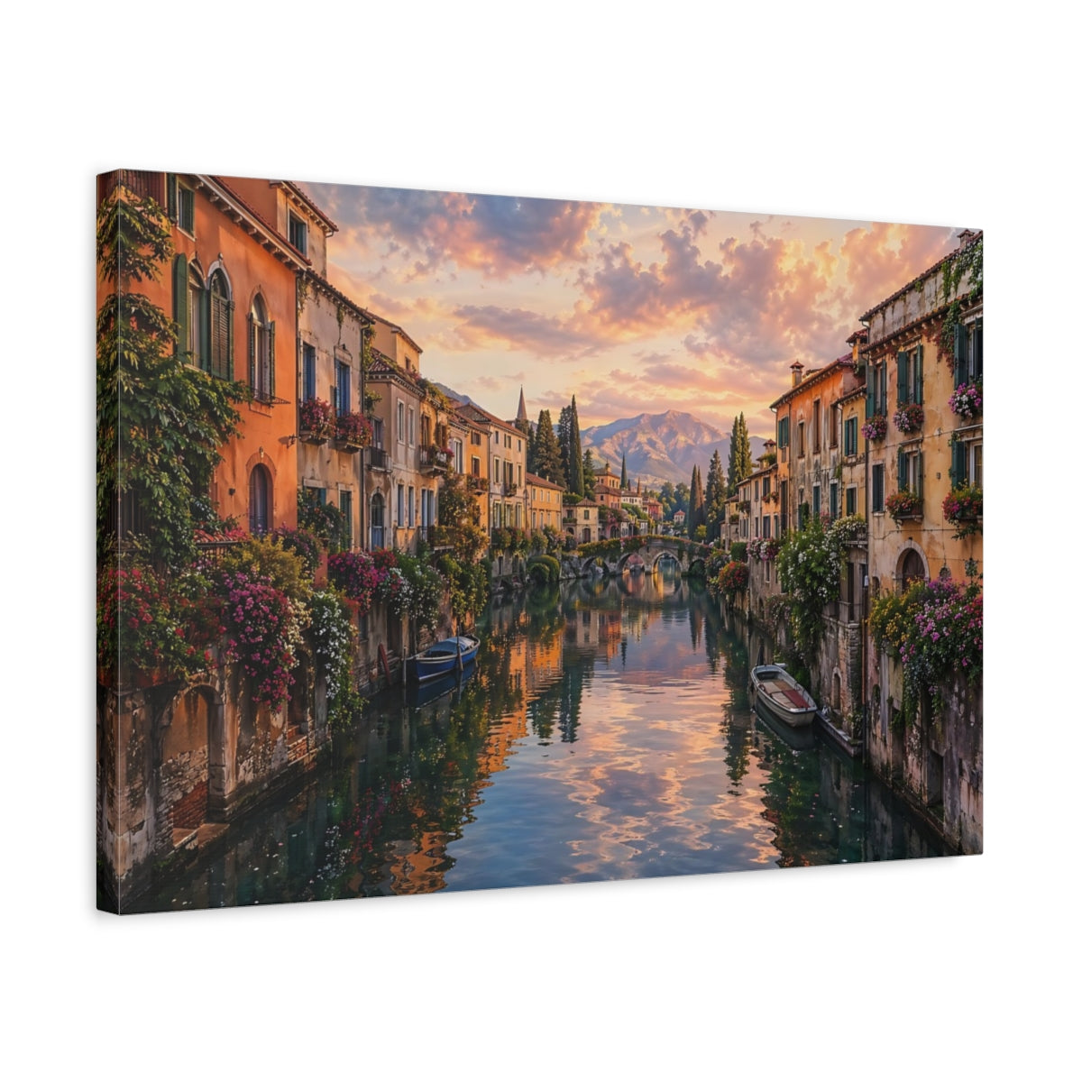 Side Mockup 3. Nature Canal Town Sunset Canal shown as stretched canvas wall art