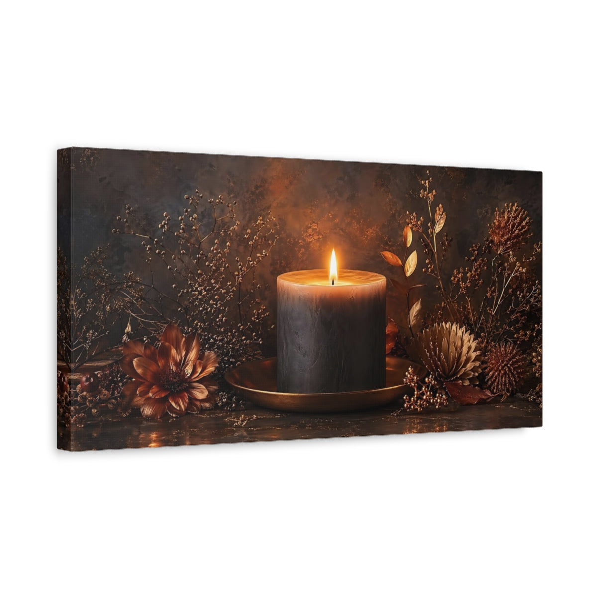 Side Mockup 3. Nature Candle Warm Candle Art shown as stretched canvas wall art