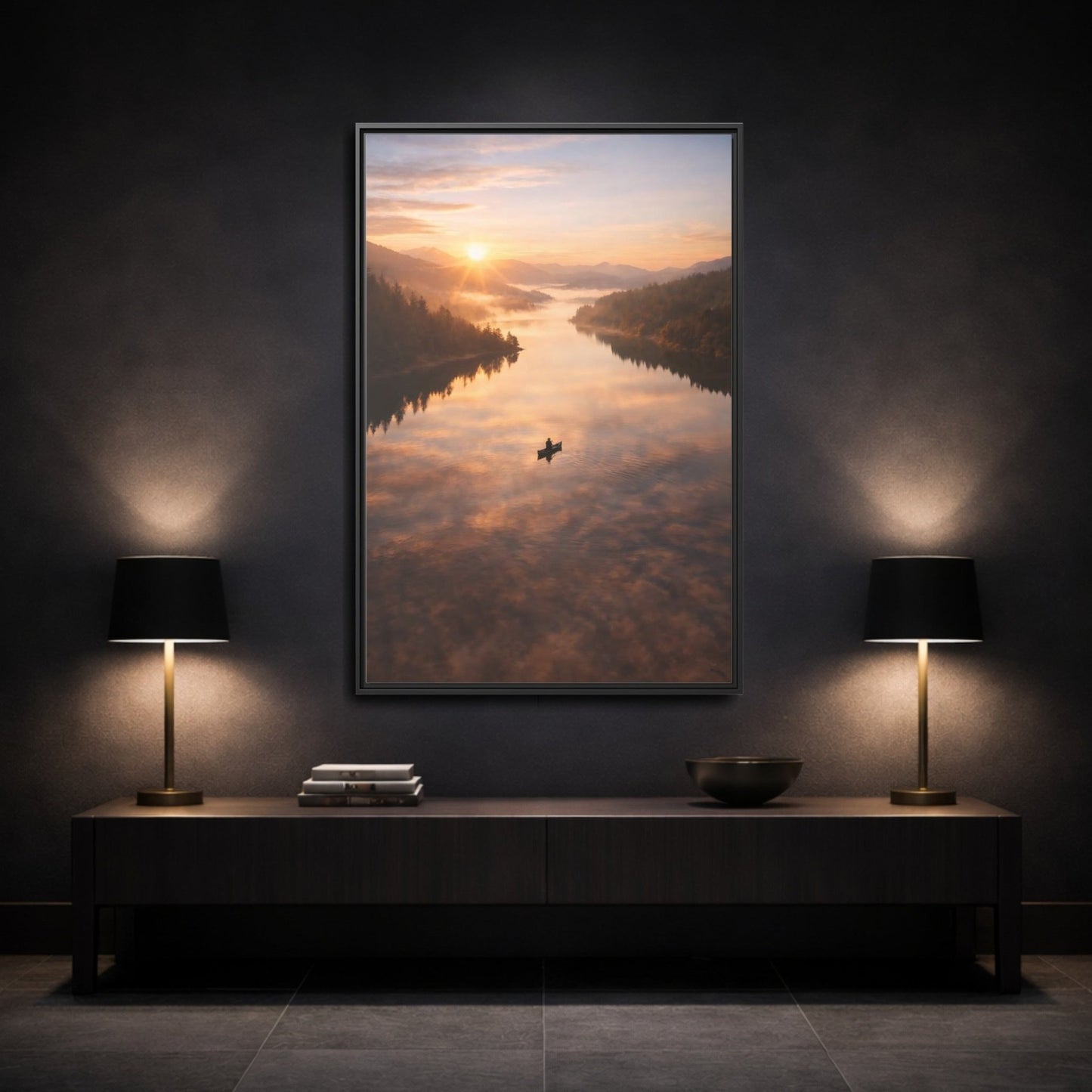 Nature Canoe Sunrise - Framed Canvas Wall Art Print - YesArtYes