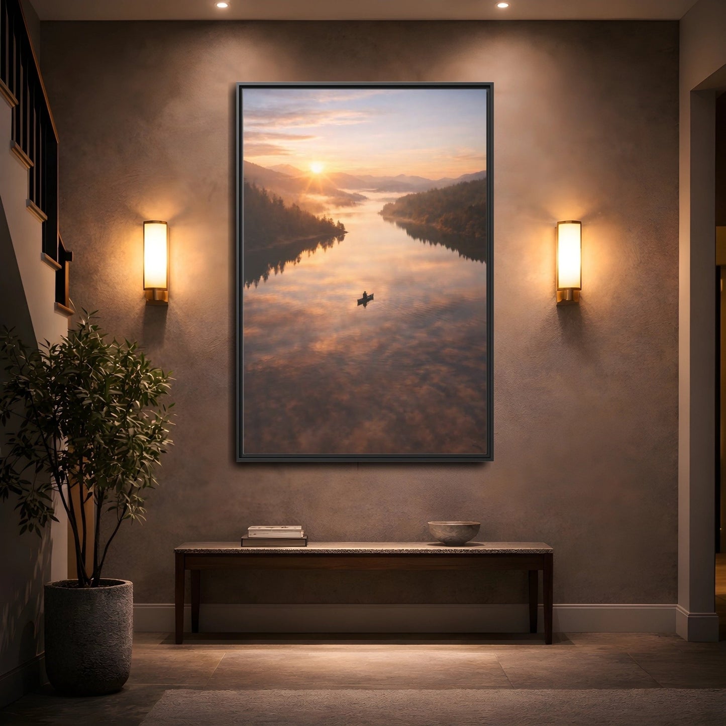 Nature Canoe Sunrise - Framed Canvas Wall Art Print - YesArtYes