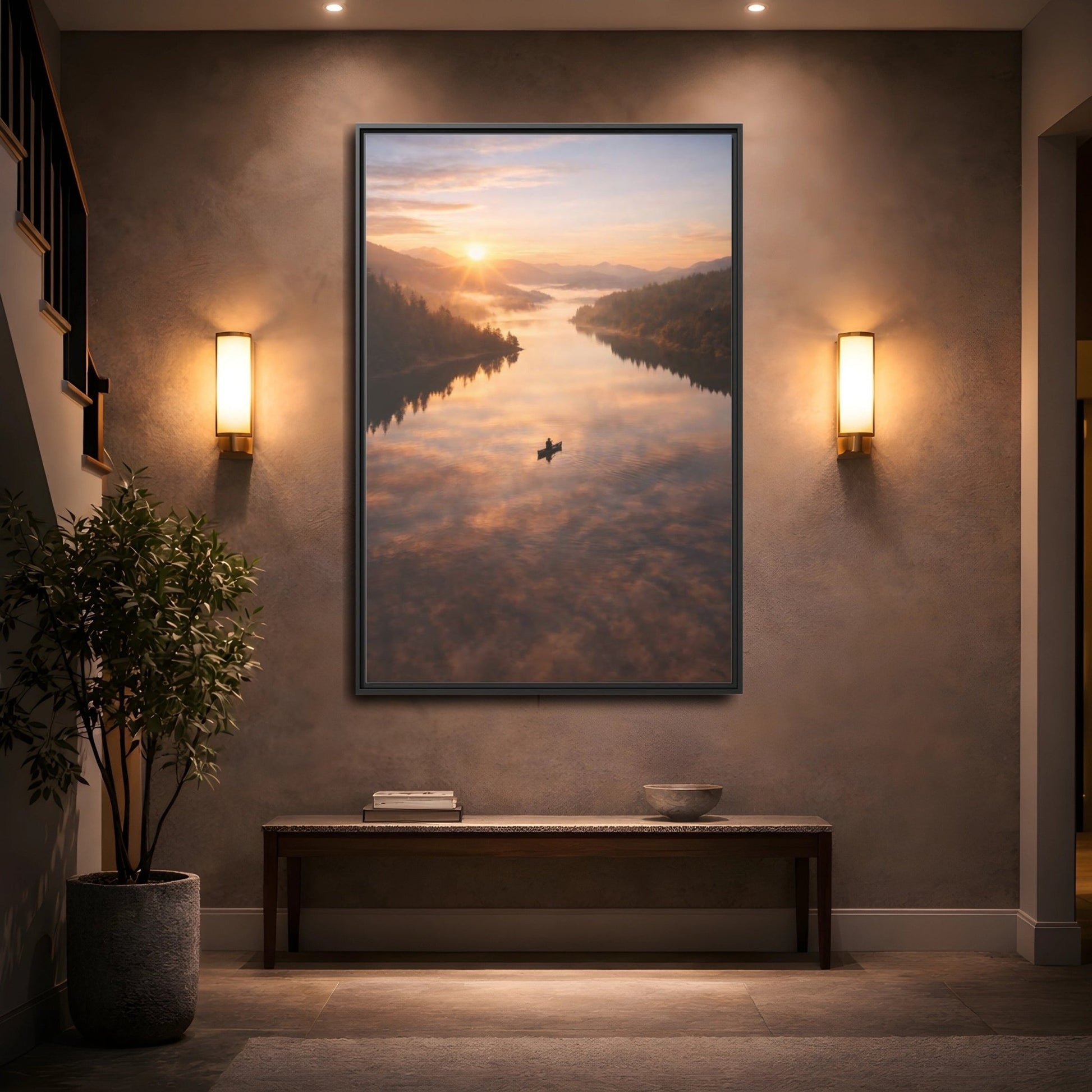 Nature Canoe Sunrise - Framed Canvas Wall Art Print - YesArtYes