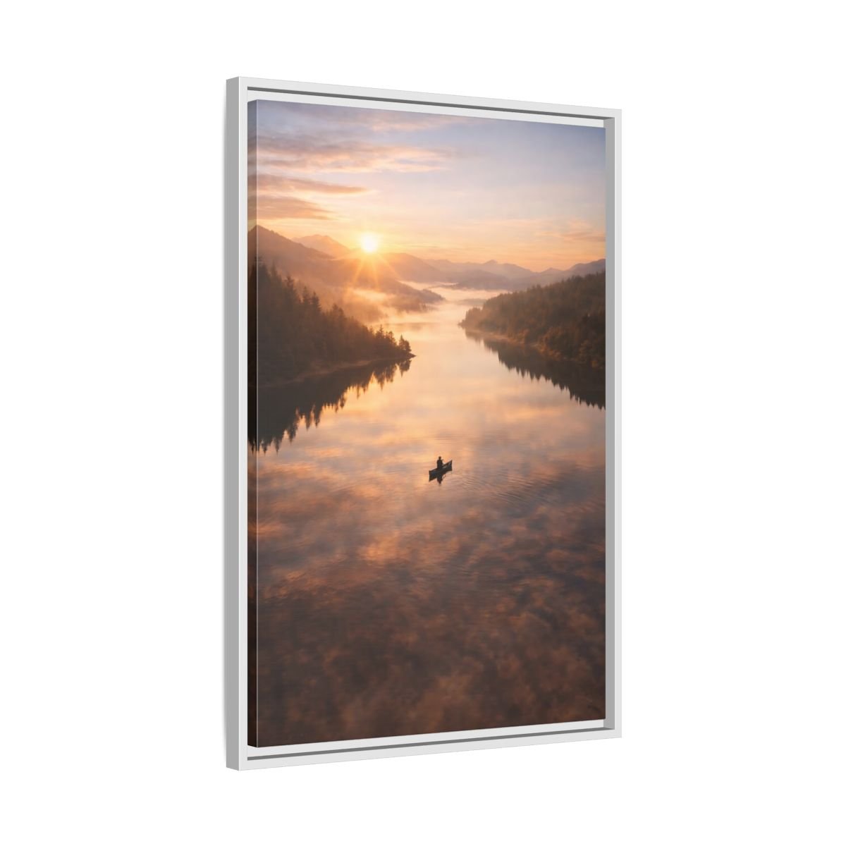 Nature Canoe Sunrise - Framed Canvas Wall Art Print - YesArtYes