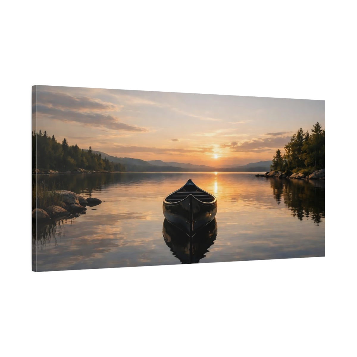 Side Mockup 1. Nature Canoe Sunset Lake shown as stretched canvas wall art