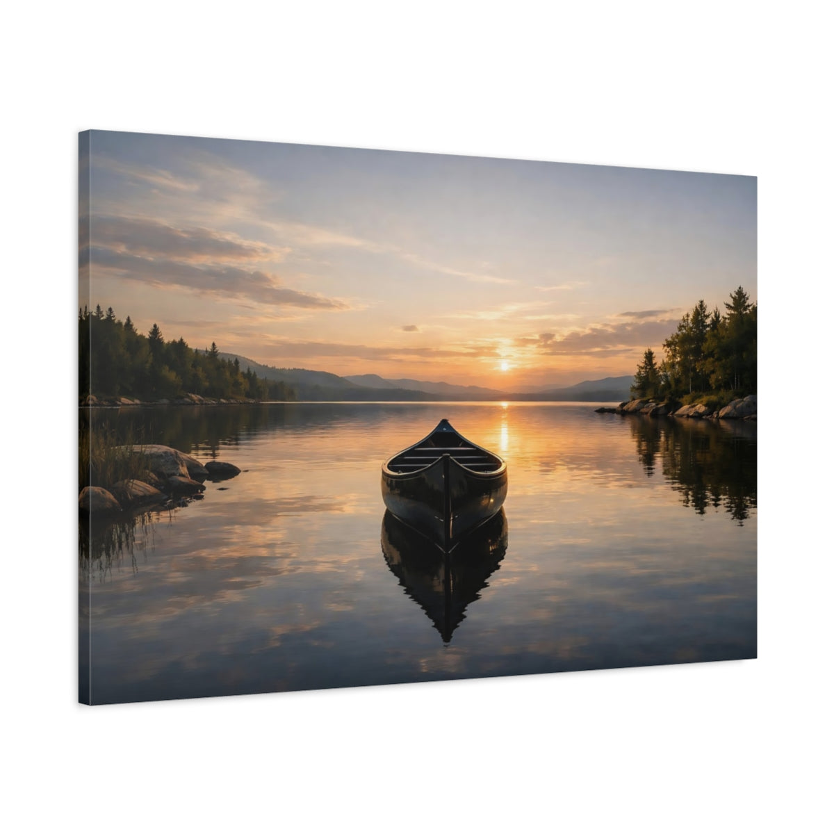 Side Mockup 1. Nature Canoe Sunset Lake shown as stretched canvas wall art