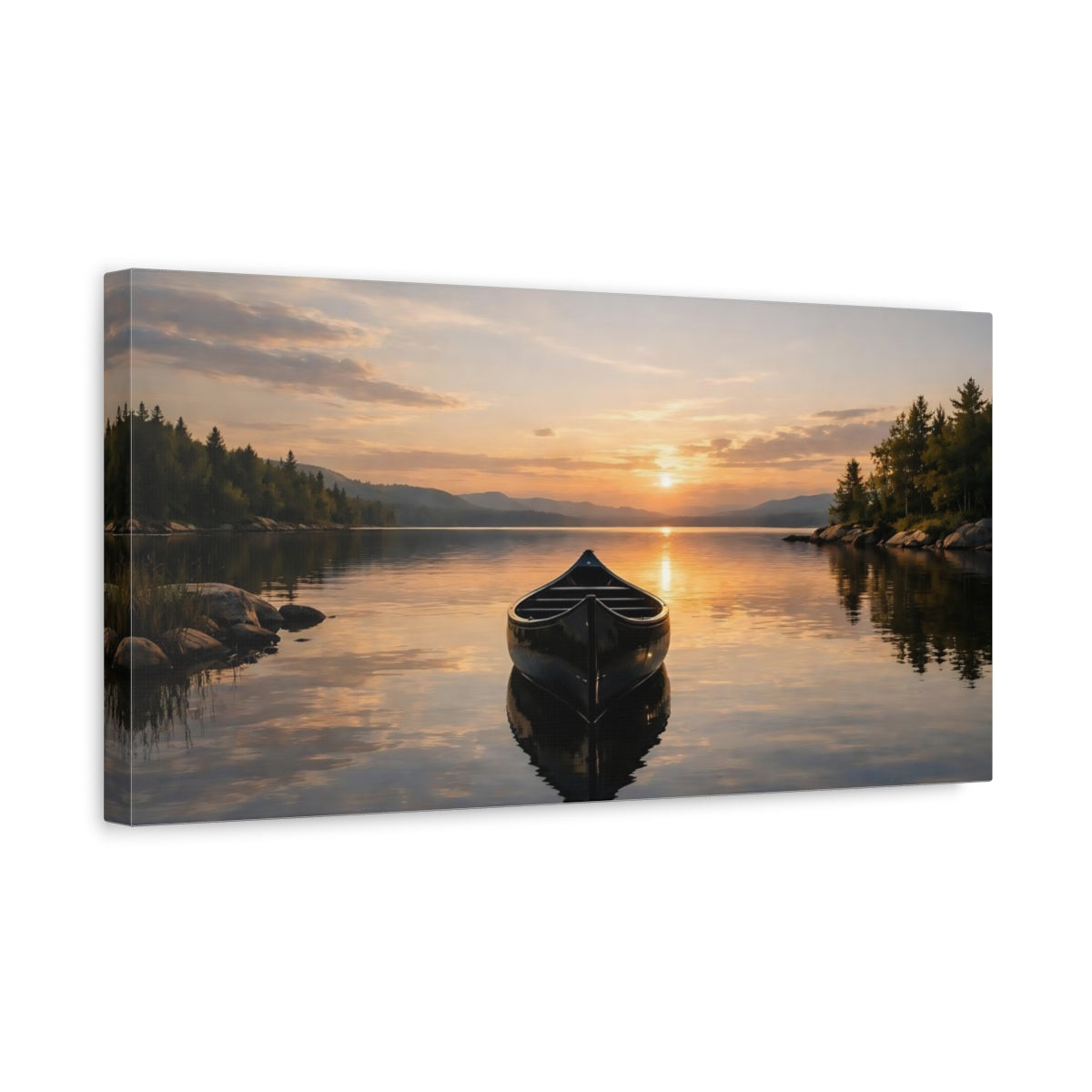 Side Mockup 3. Nature Canoe Sunset Lake shown as stretched canvas wall art