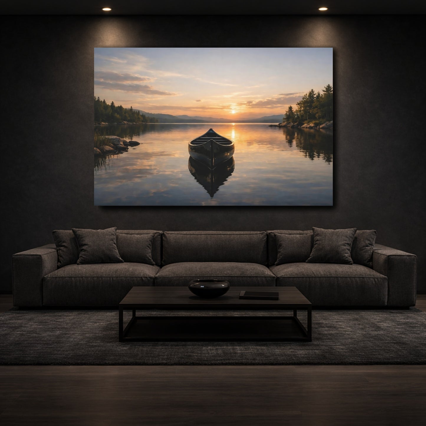 Mockup 2. Nature Canoe Sunset Lake shown as stretched canvas wall art