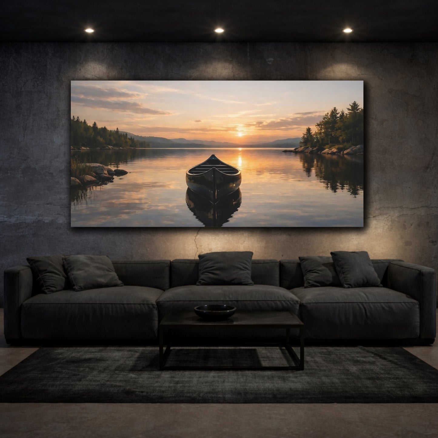 Mockup 2. Nature Canoe Sunset Lake shown as stretched canvas wall art