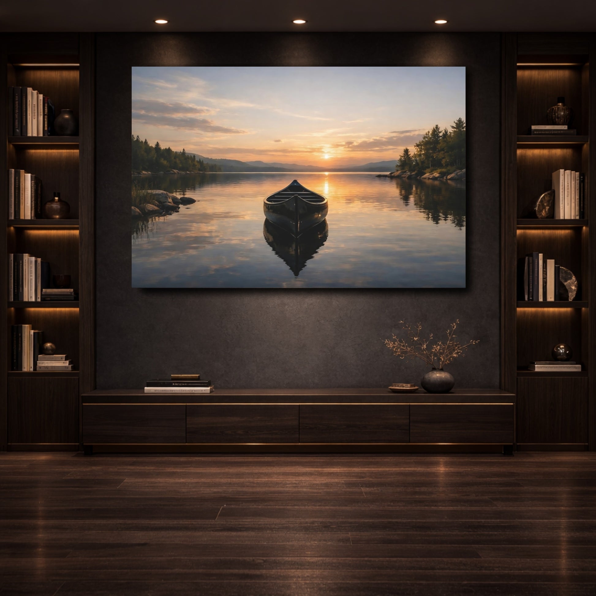 Mockup 3. Nature Canoe Sunset Lake shown as stretched canvas wall art