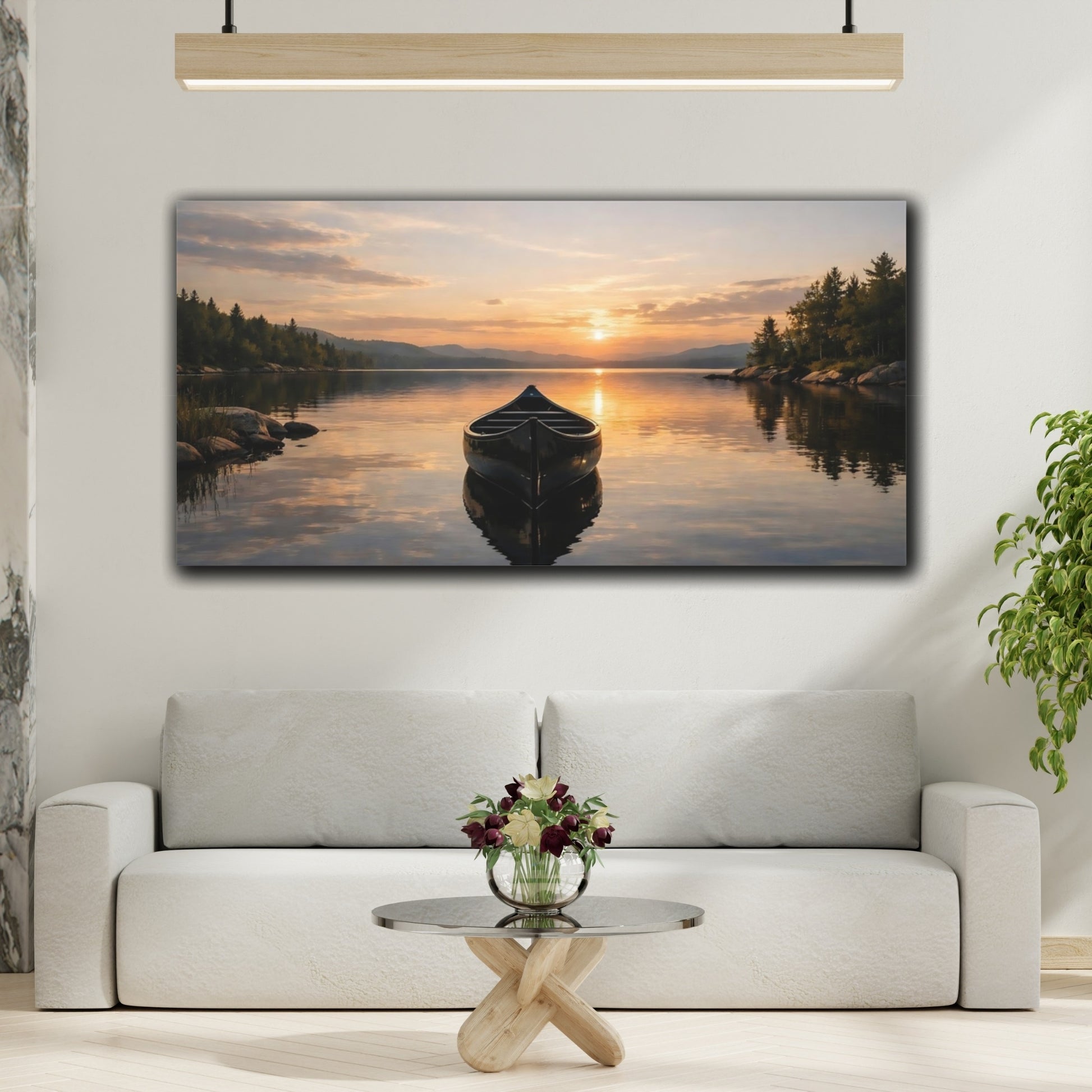 Mockup 3. Nature Canoe Sunset Lake shown as stretched canvas wall art