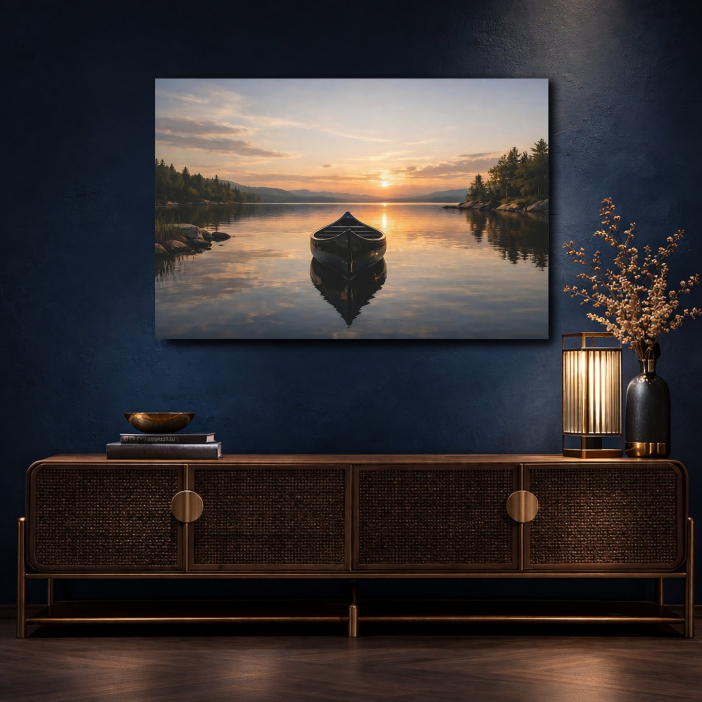 Mockup 4. Nature Canoe Sunset Lake shown as stretched canvas wall art