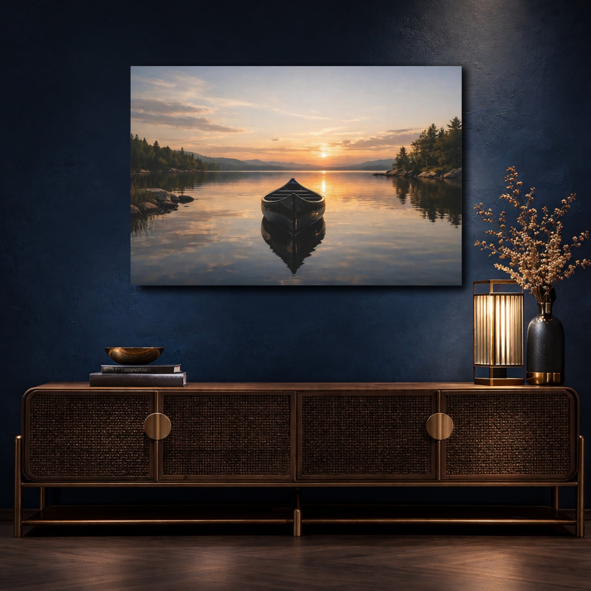 Mockup 4. Nature Canoe Sunset Lake shown as stretched canvas wall art