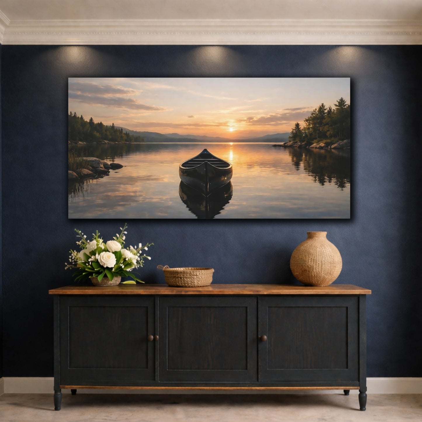 Mockup 4. Nature Canoe Sunset Lake shown as stretched canvas wall art