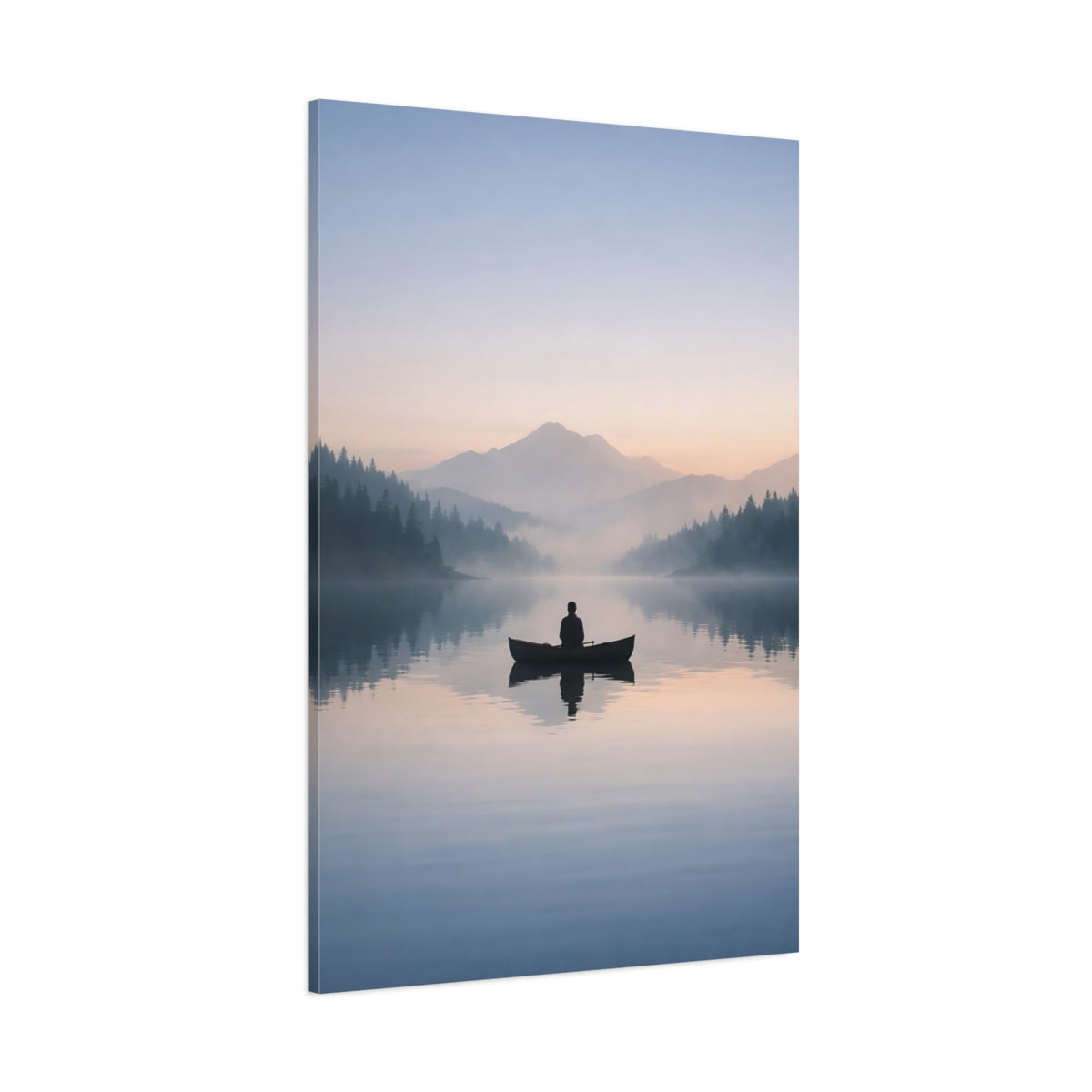 Main Mockup. Nature Canoeist Misty Lake shown as stretched canvas wall art