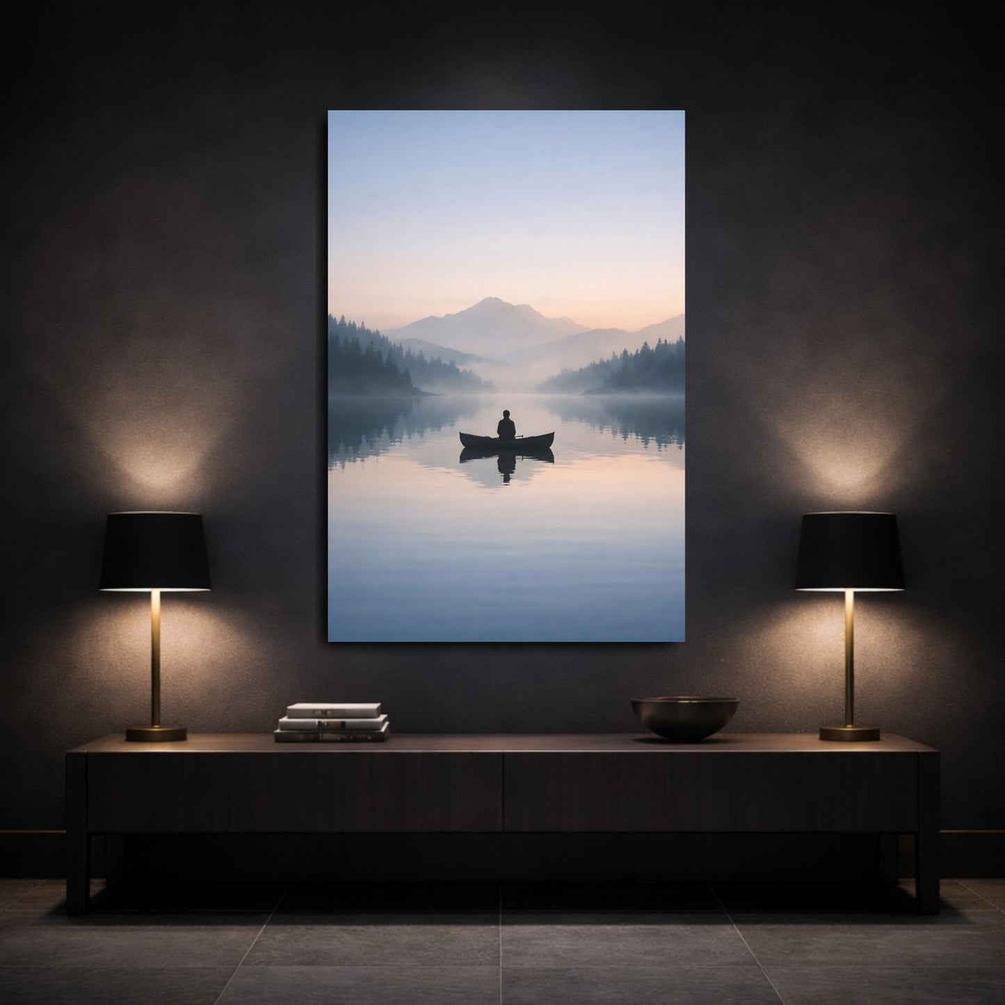 Mockup 2. Nature Canoeist Misty Lake shown as stretched canvas wall art