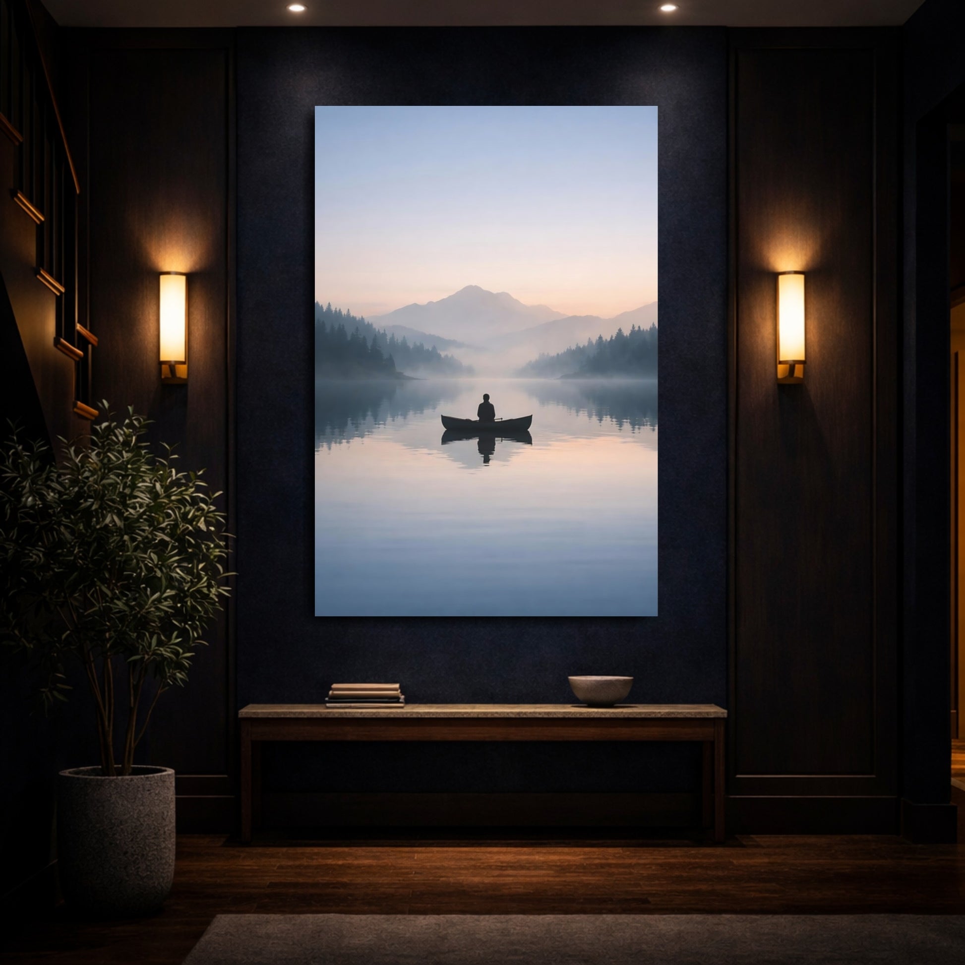 Mockup 3. Nature Canoeist Misty Lake shown as stretched canvas wall art