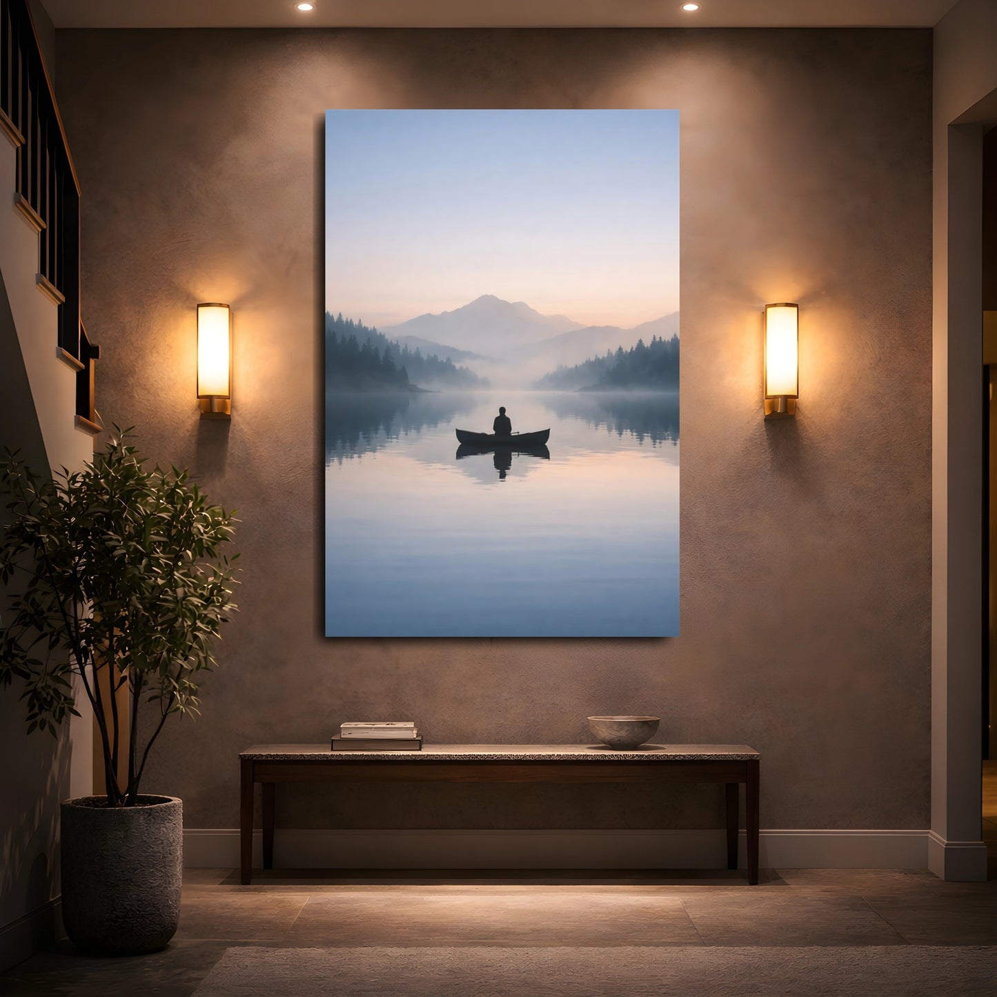 Mockup 4. Nature Canoeist Misty Lake shown as stretched canvas wall art