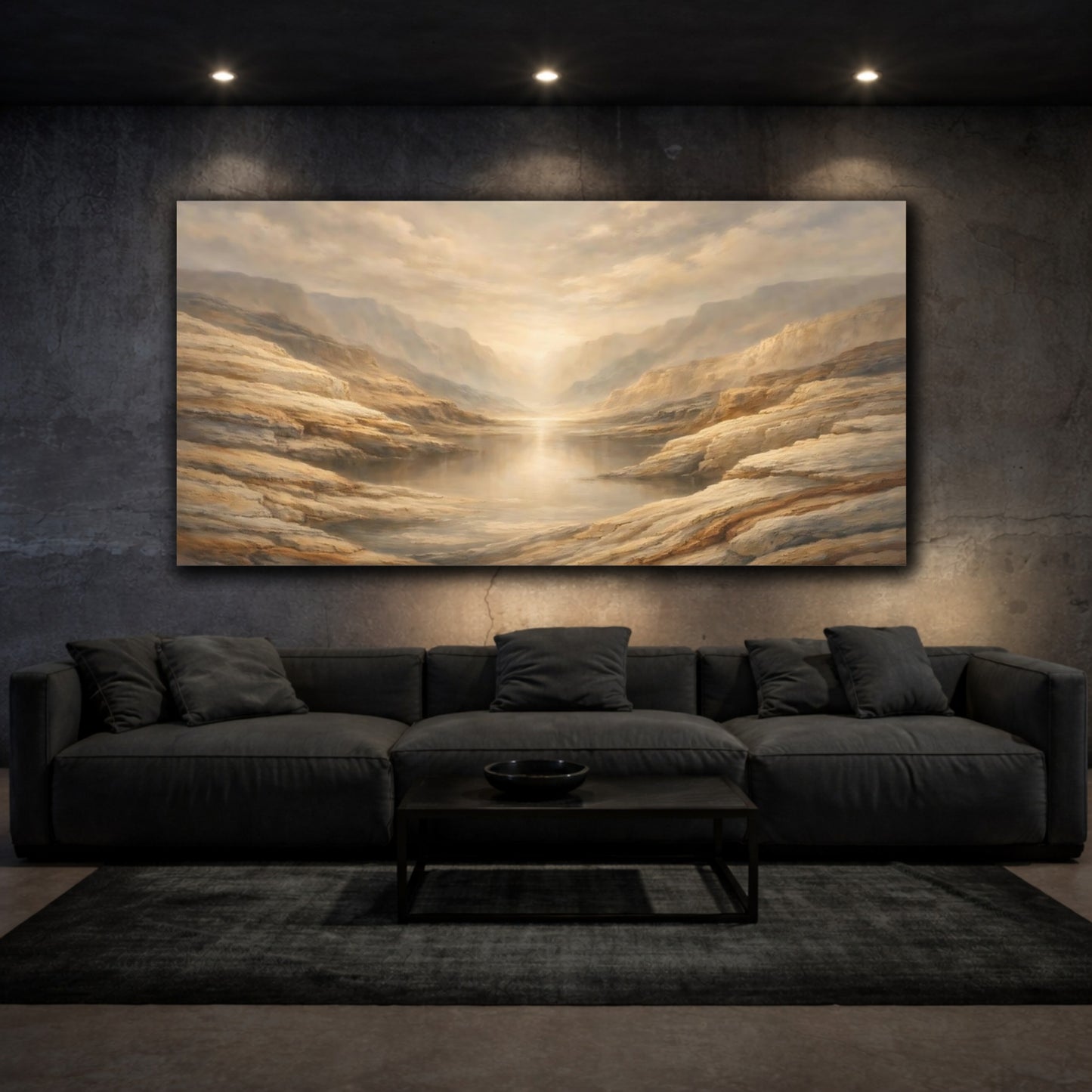 Mockup 2. Nature Canyon Lake Beige And Brown Landscape shown as stretched canvas wall art