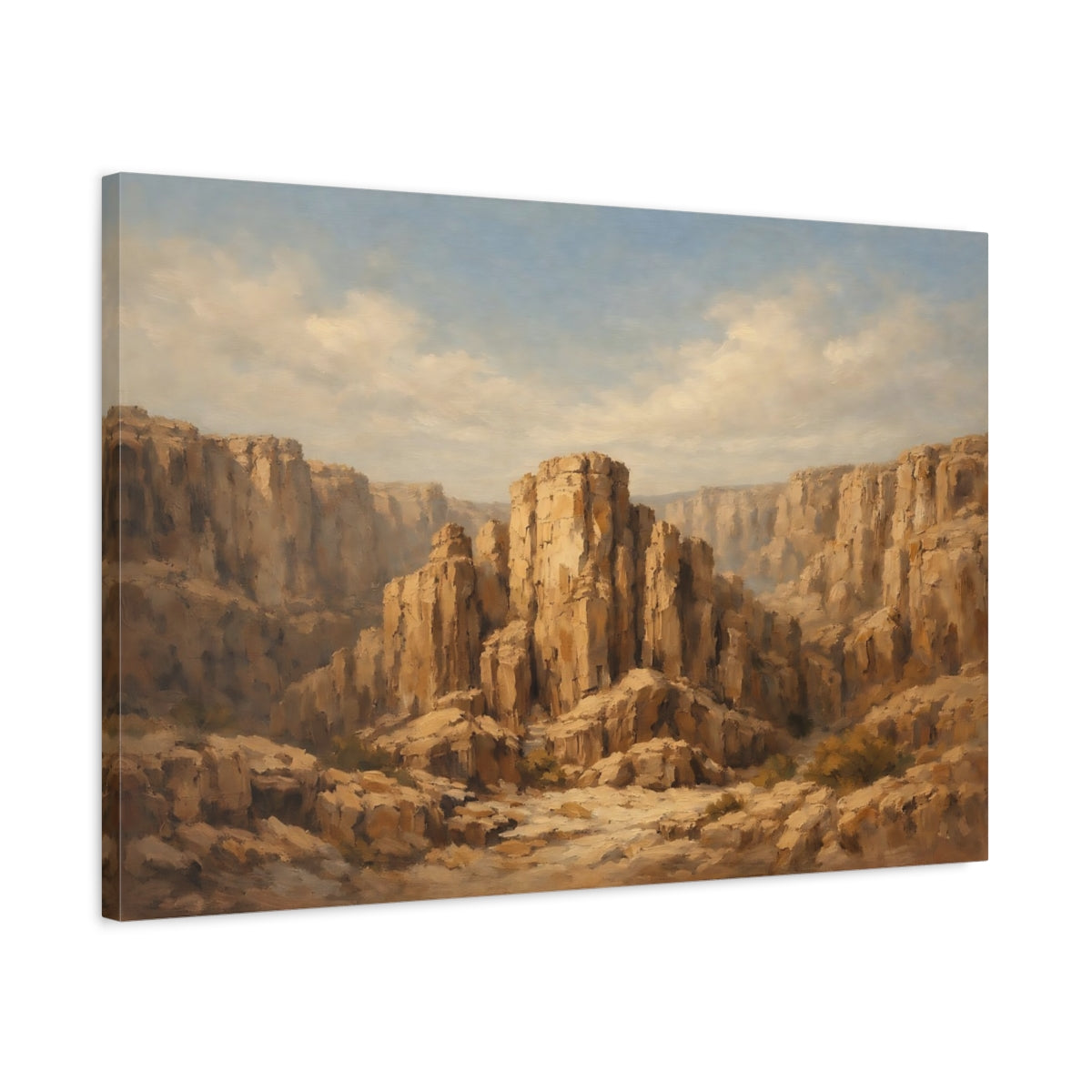 Side Mockup 2. Nature Canyon Landscape Brown And Tan shown as stretched canvas wall art
