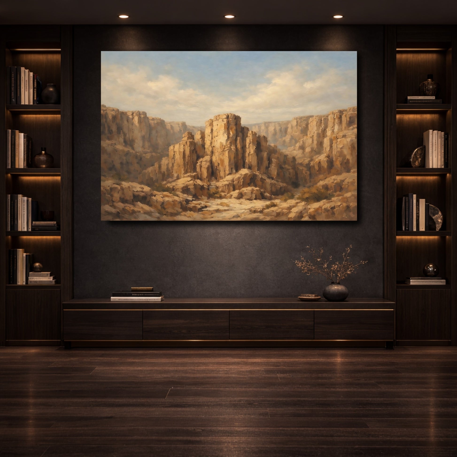 Mockup 3. Nature Canyon Landscape Brown And Tan shown as stretched canvas wall art