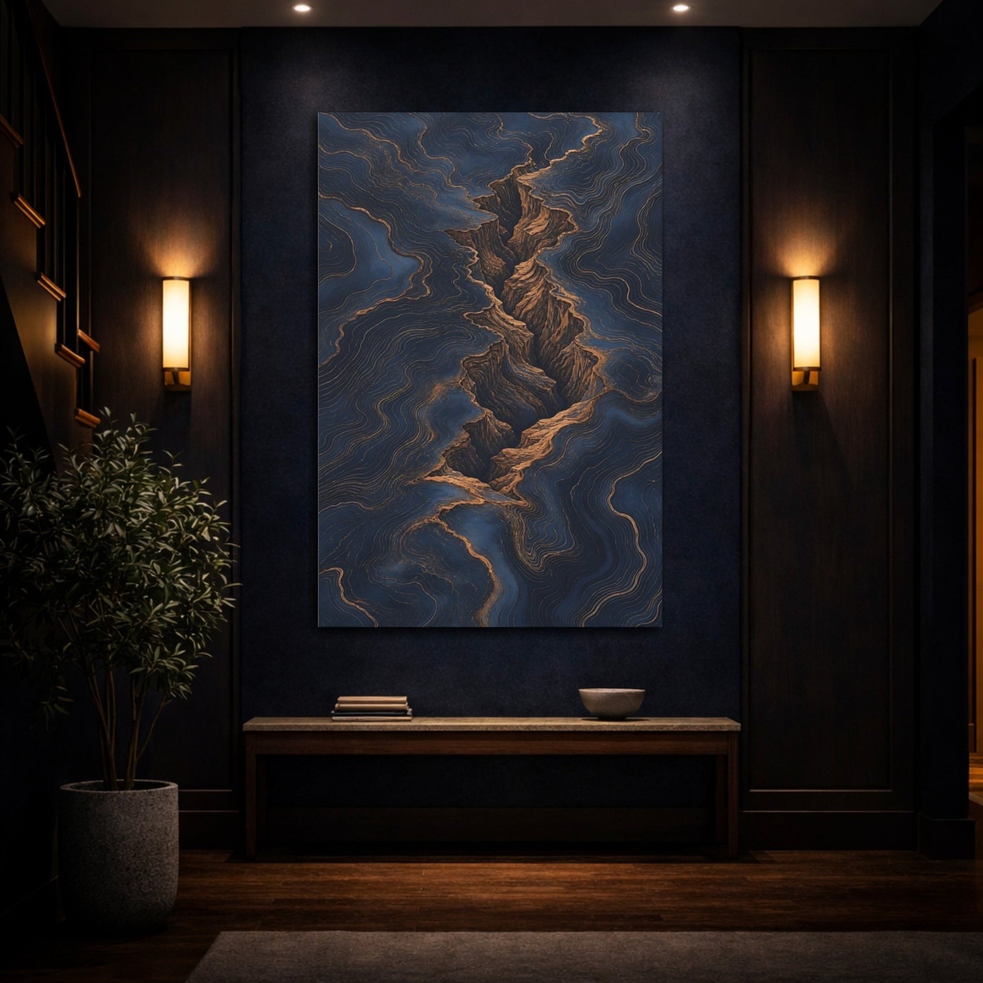 Nature Canyon Navy And Gold Canvas Print – Living Room, Above Couch - YesArtYes