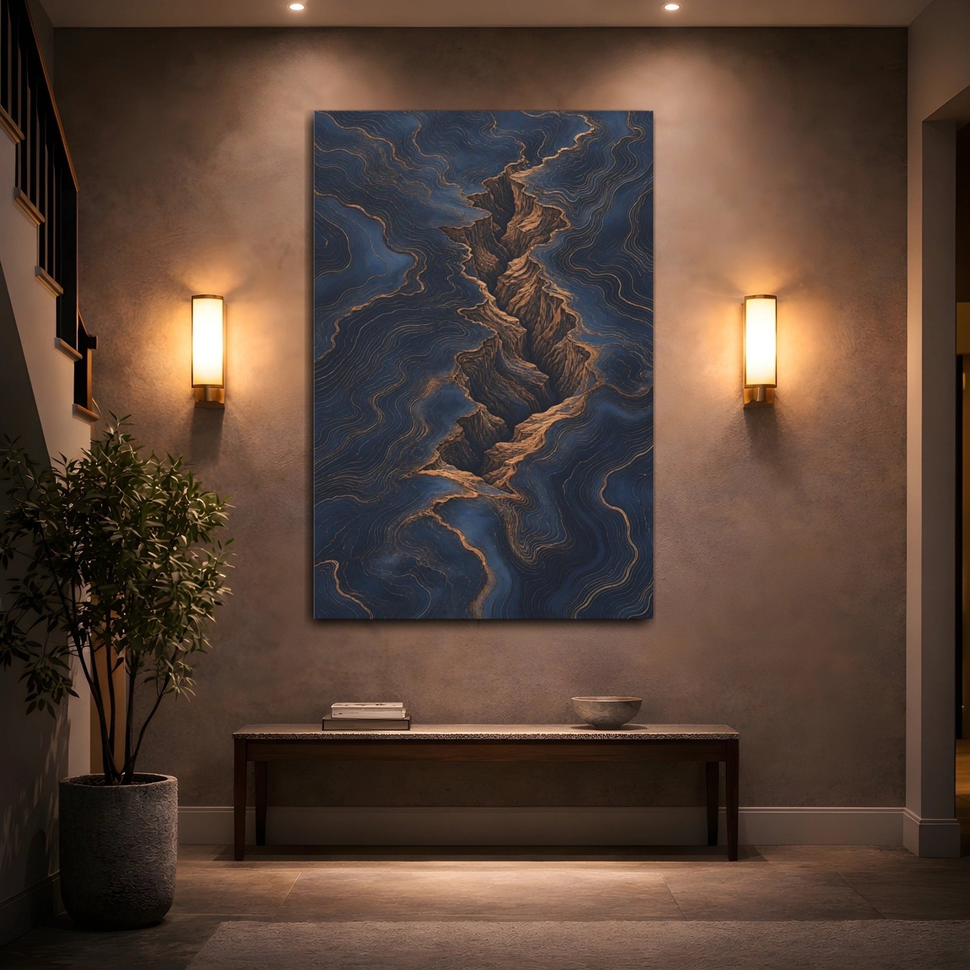 Nature Canyon Navy And Gold Canvas Print – Living Room, Above Couch - YesArtYes