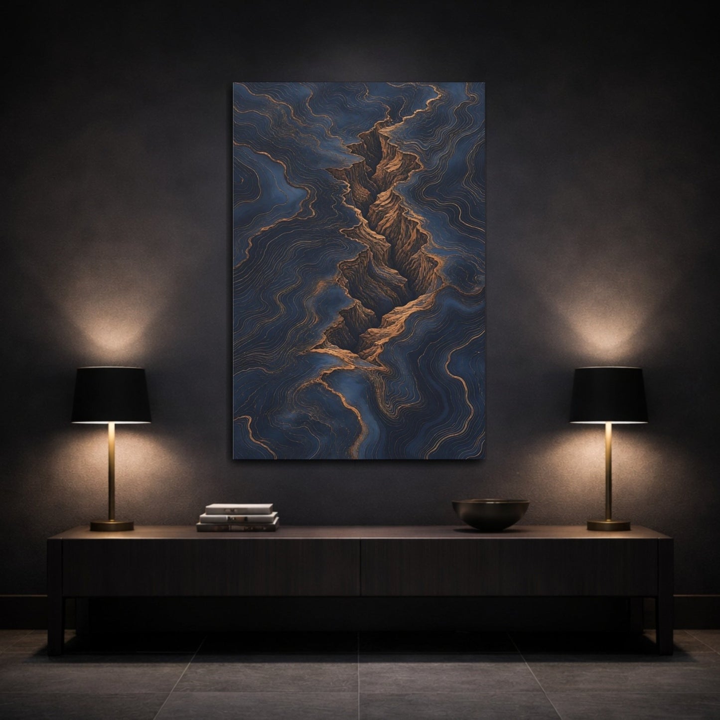 Nature Canyon Navy And Gold Canvas Print – Living Room, Above Couch - YesArtYes