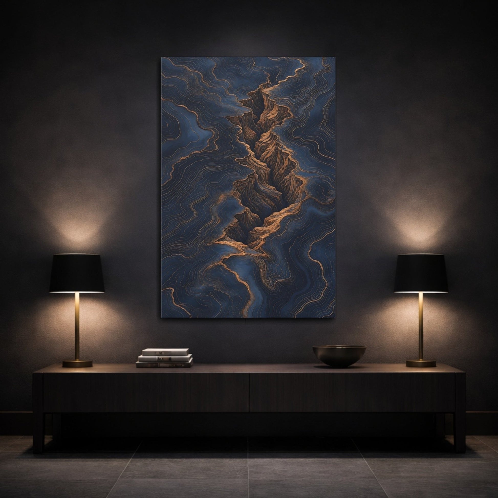 Nature Canyon Navy And Gold Canvas Print – Living Room, Above Couch - YesArtYes