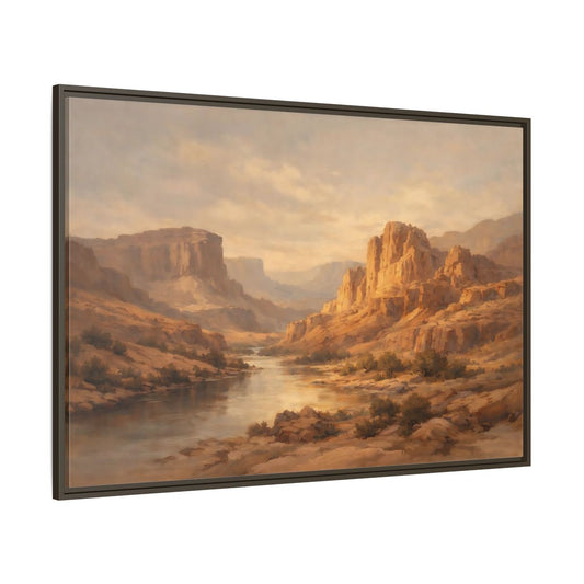 Main Mockup. Nature Canyon River Brown And Gold shown as stretched canvas wall art