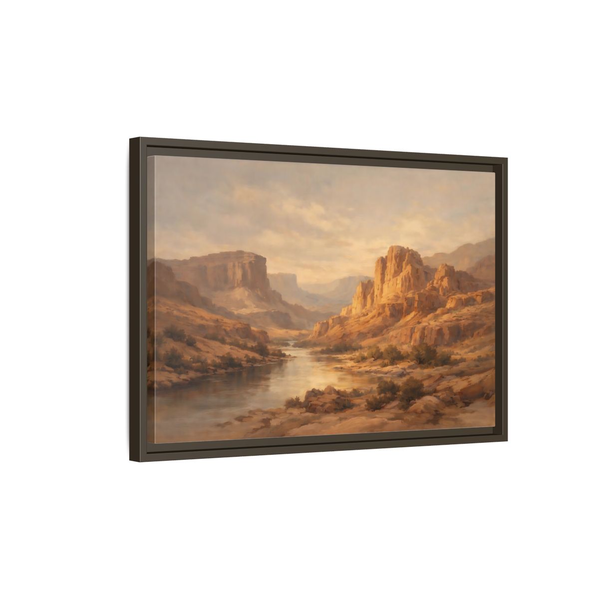 Side Mockup 2. Nature Canyon River Brown And Gold shown as stretched canvas wall art