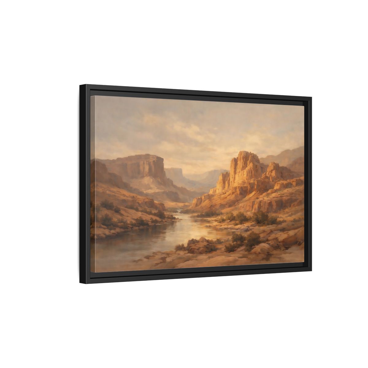 Side Mockup 3. Nature Canyon River Brown And Gold shown as stretched canvas wall art