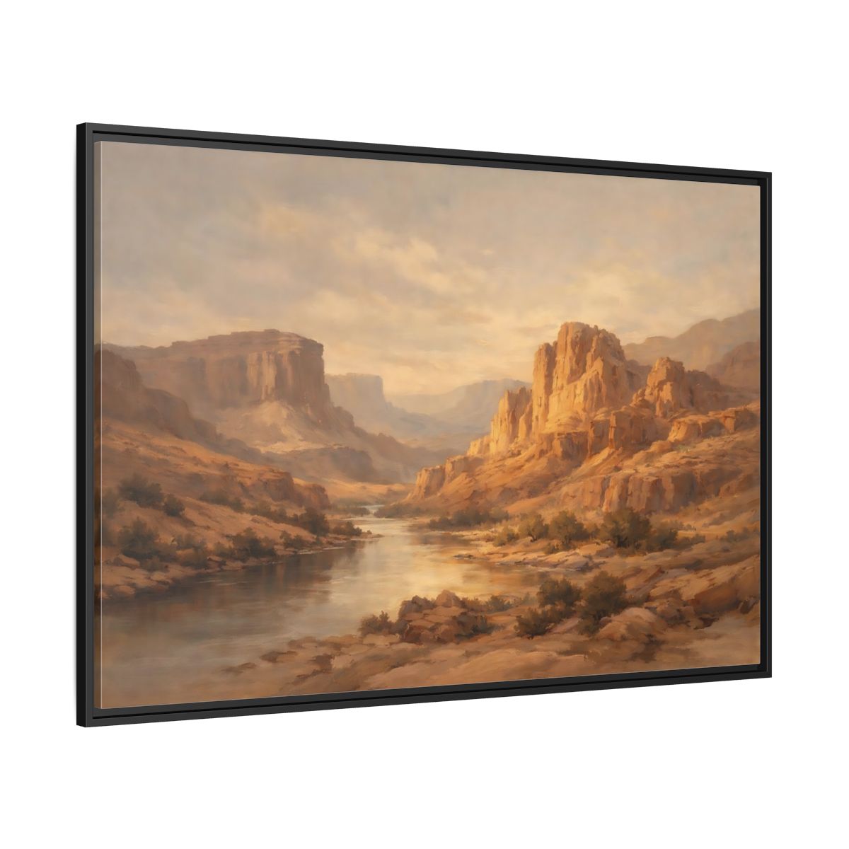 Side Mockup 12. Nature Canyon River Brown And Gold shown as stretched canvas wall art