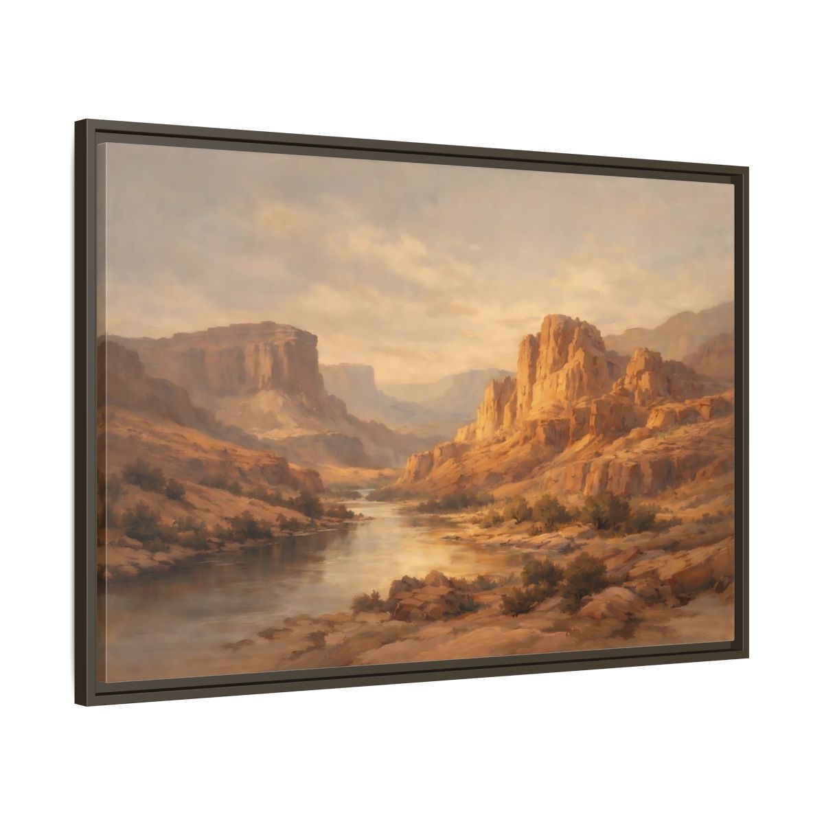 Side Mockup 9. Nature Canyon River Brown And Gold shown as stretched canvas wall art