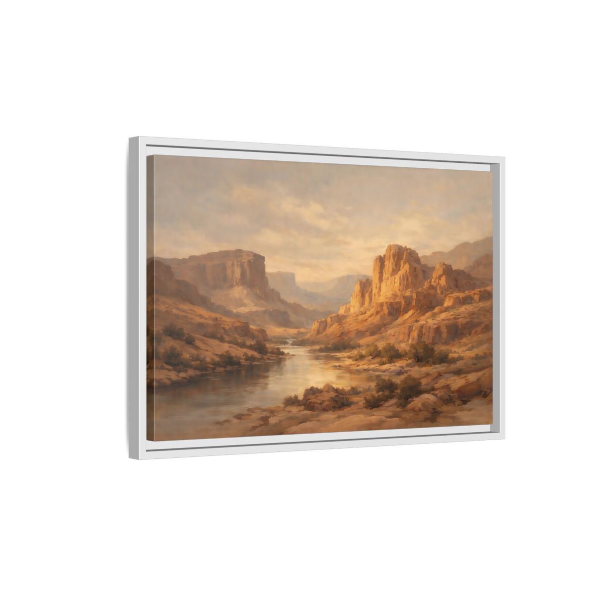 Side Mockup 1. Nature Canyon River Brown And Gold shown as stretched canvas wall art