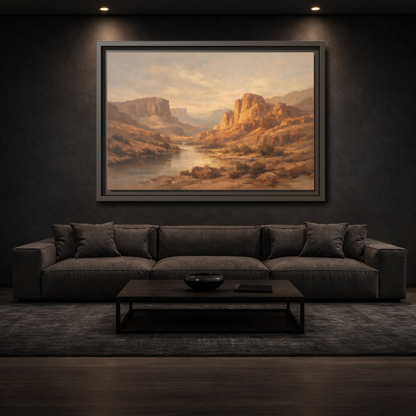 Mockup 2. Nature Canyon River Brown And Gold shown as stretched canvas wall art