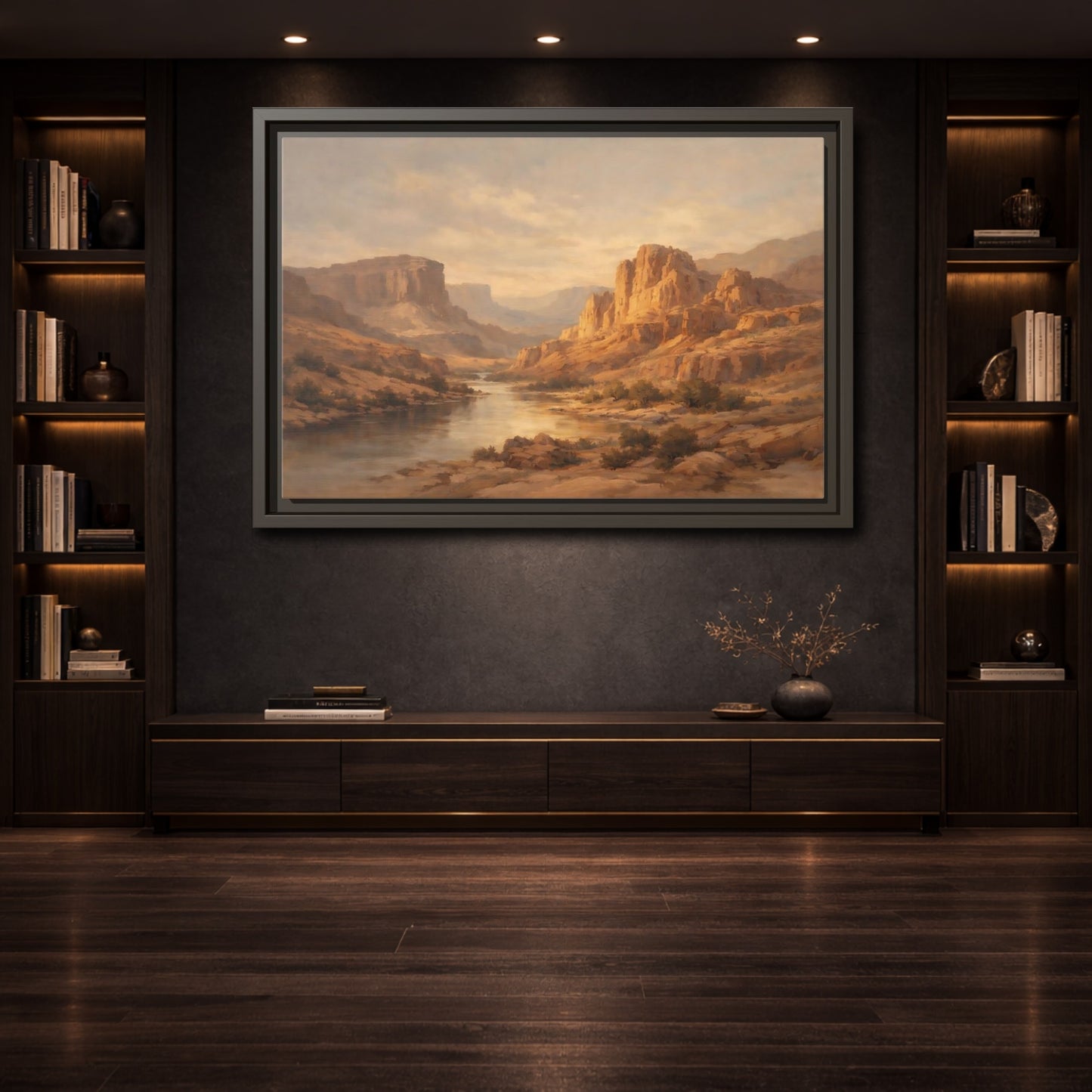 Mockup 3. Nature Canyon River Brown And Gold shown as stretched canvas wall art