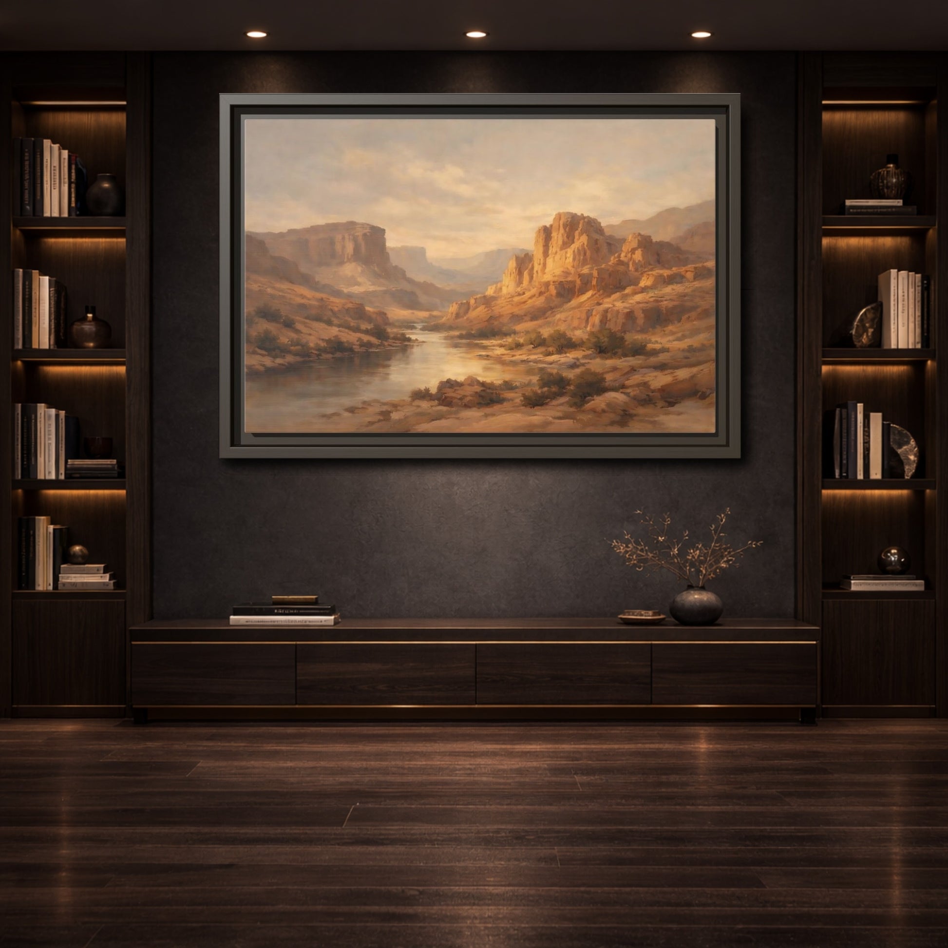 Mockup 3. Nature Canyon River Brown And Gold shown as stretched canvas wall art