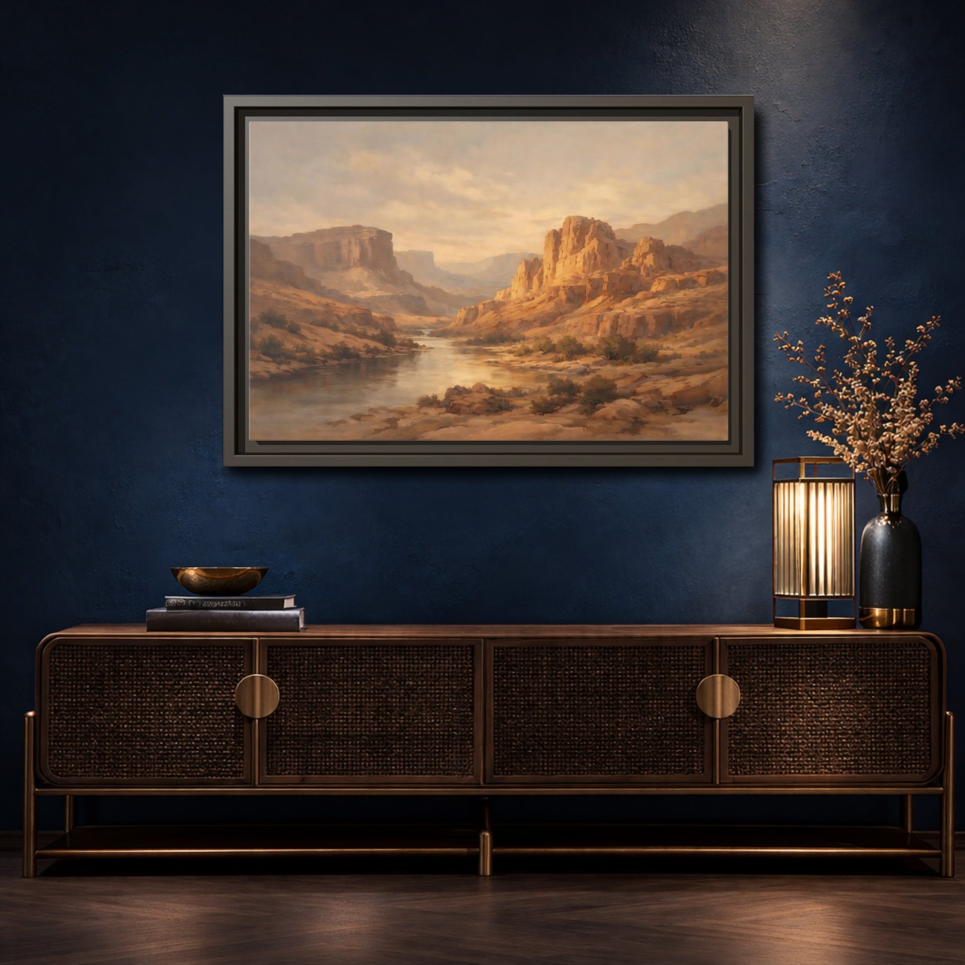 Mockup 4. Nature Canyon River Brown And Gold shown as stretched canvas wall art