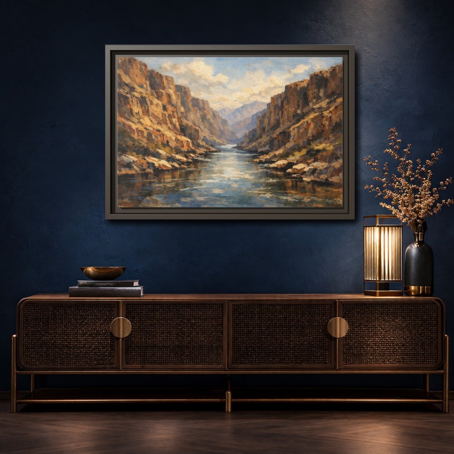 Mockup 4. Nature Canyon River Brown Blue Canyon shown as stretched canvas wall art
