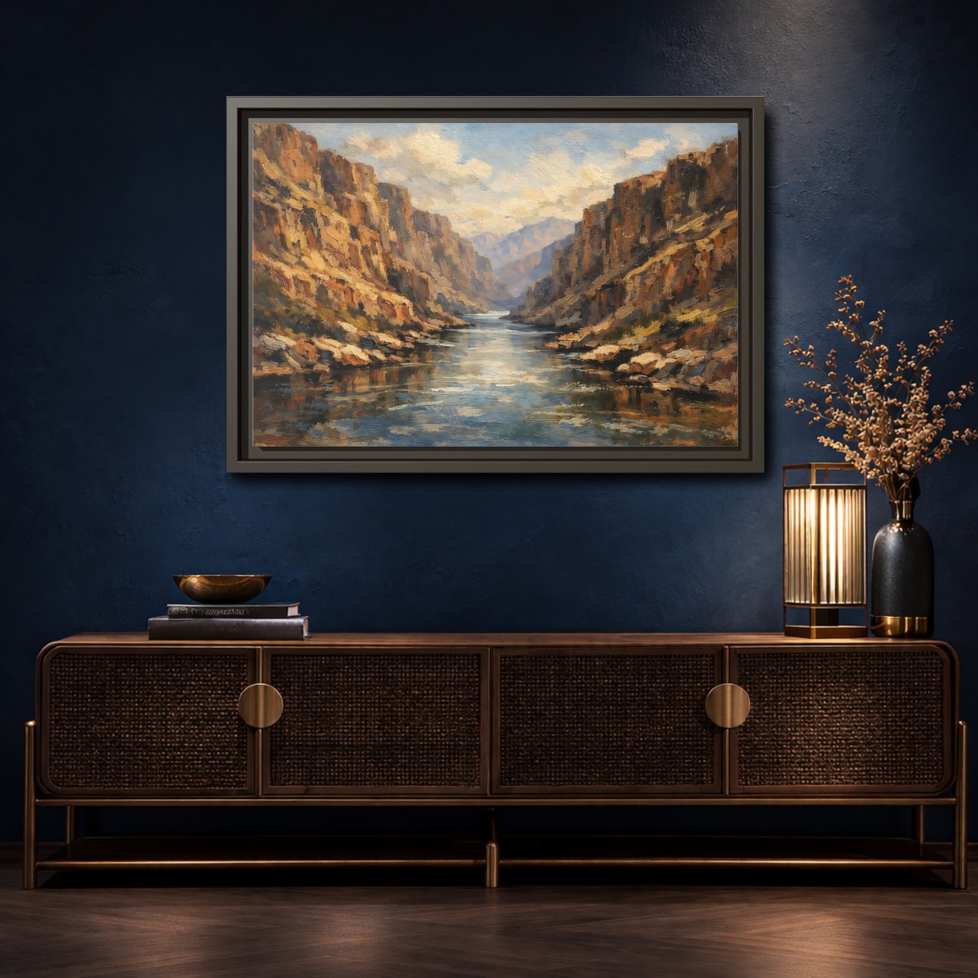 Mockup 4. Nature Canyon River Brown Blue Canyon shown as stretched canvas wall art