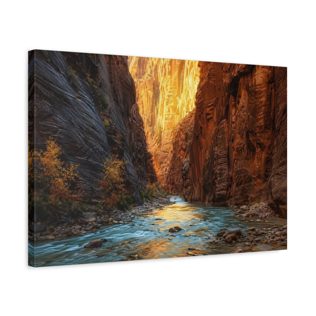 Side Mockup 3. Nature Canyon River Orange And Blue Canyon shown as stretched canvas wall art