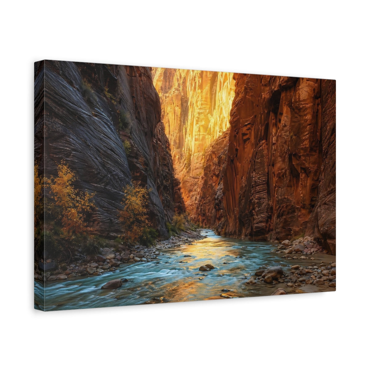 Side Mockup 4. Nature Canyon River Orange And Blue Canyon shown as stretched canvas wall art