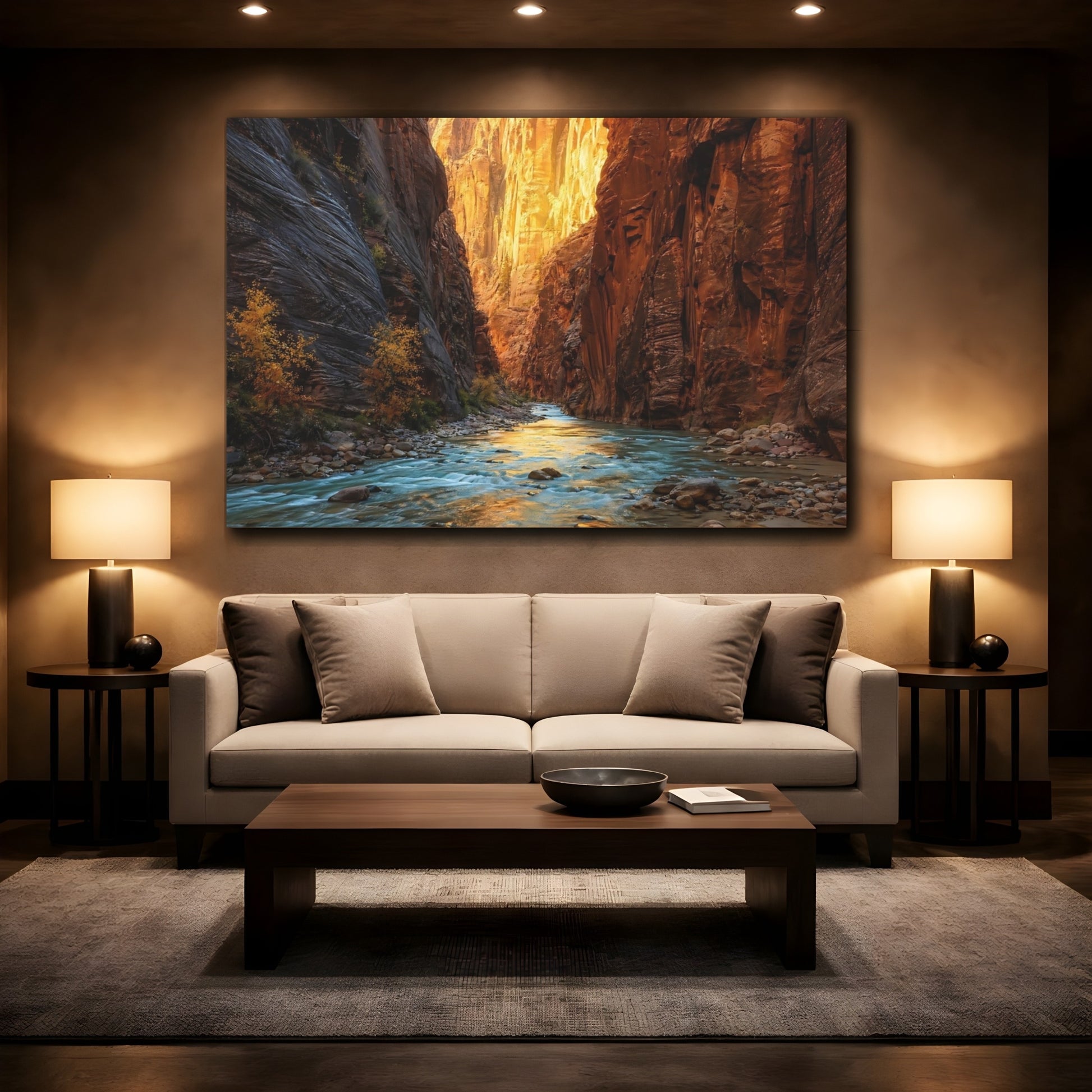 Mockup 2. Nature Canyon River Orange And Blue Canyon shown as stretched canvas wall art