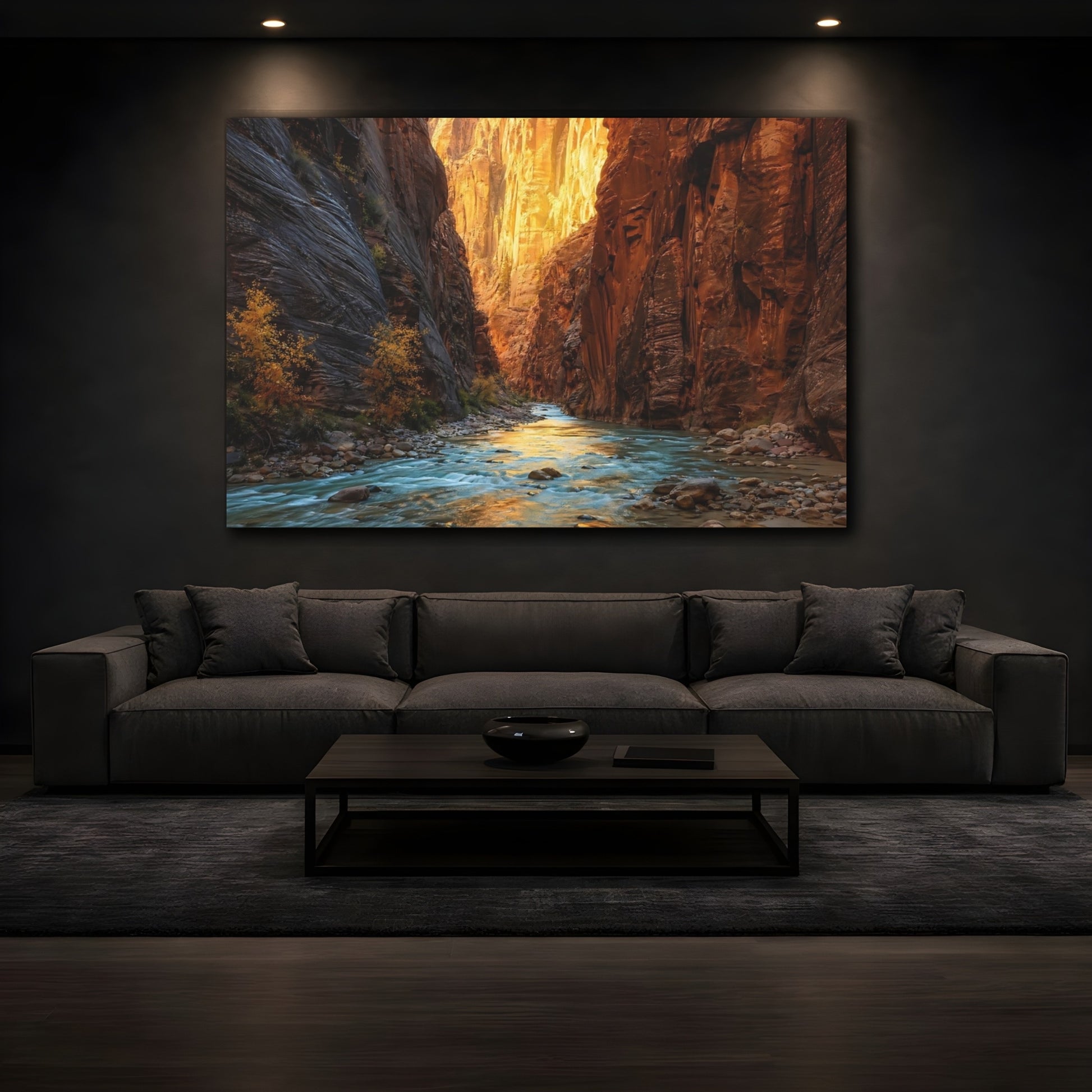Mockup 3. Nature Canyon River Orange And Blue Canyon shown as stretched canvas wall art