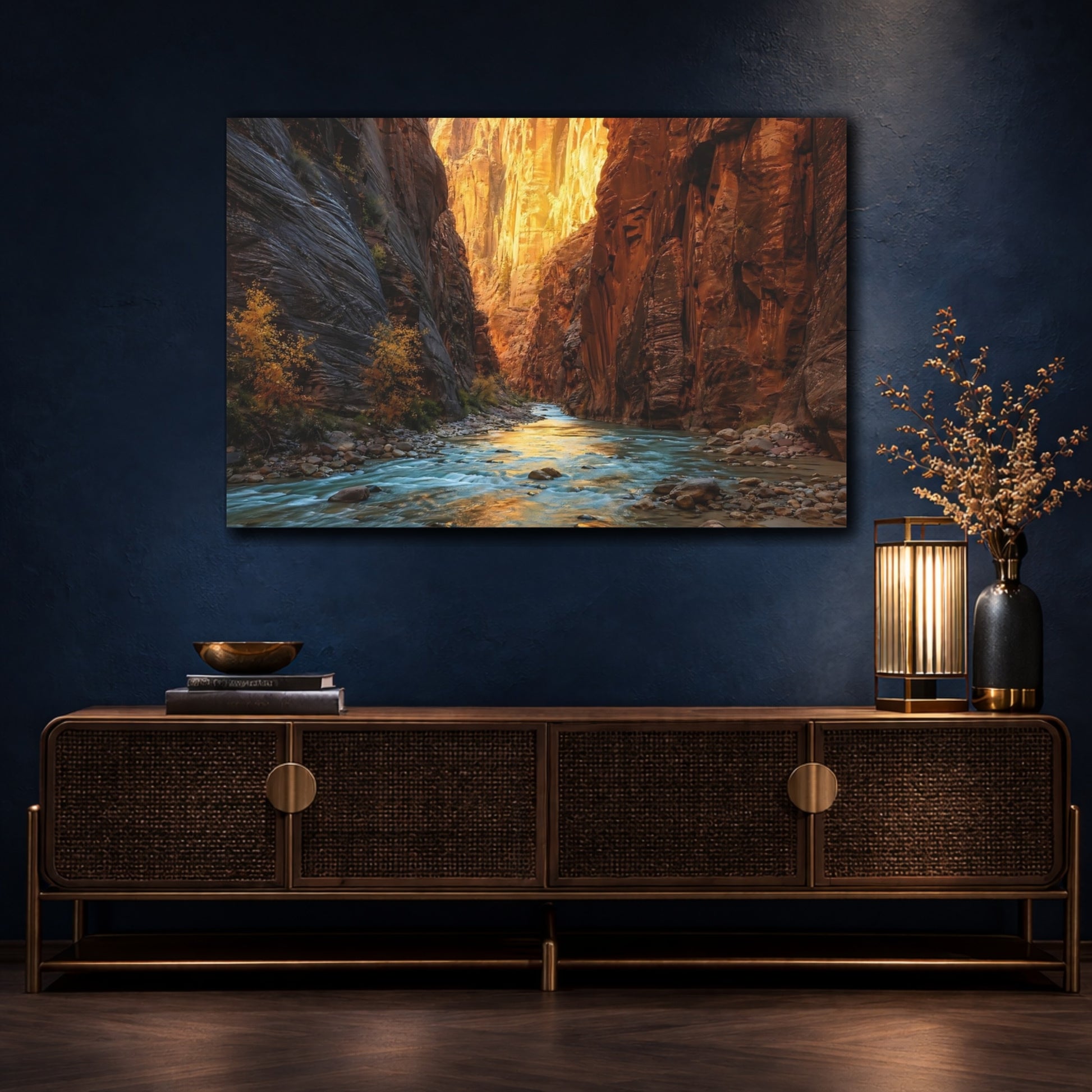 Mockup 4. Nature Canyon River Orange And Blue Canyon shown as stretched canvas wall art