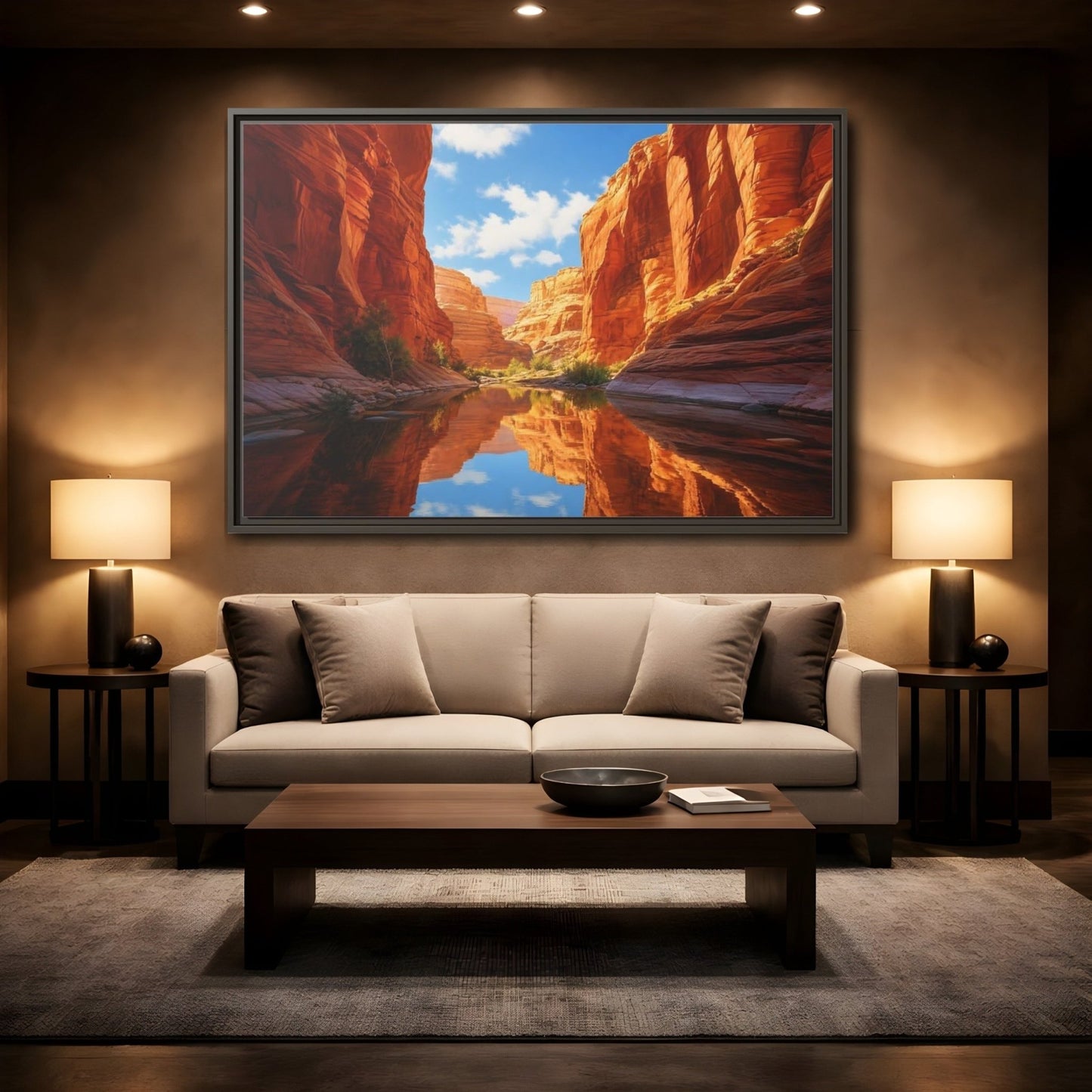 Nature Canyon River Orange Framed Canvas Print – Realistic Decor for Living Room, Above Console Table - YesArtYes