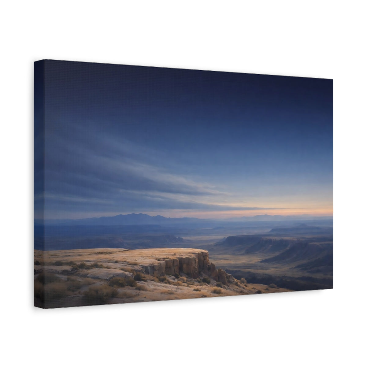 Side Mockup 4. Nature Canyon Vista Blue And Gold shown as stretched canvas wall art