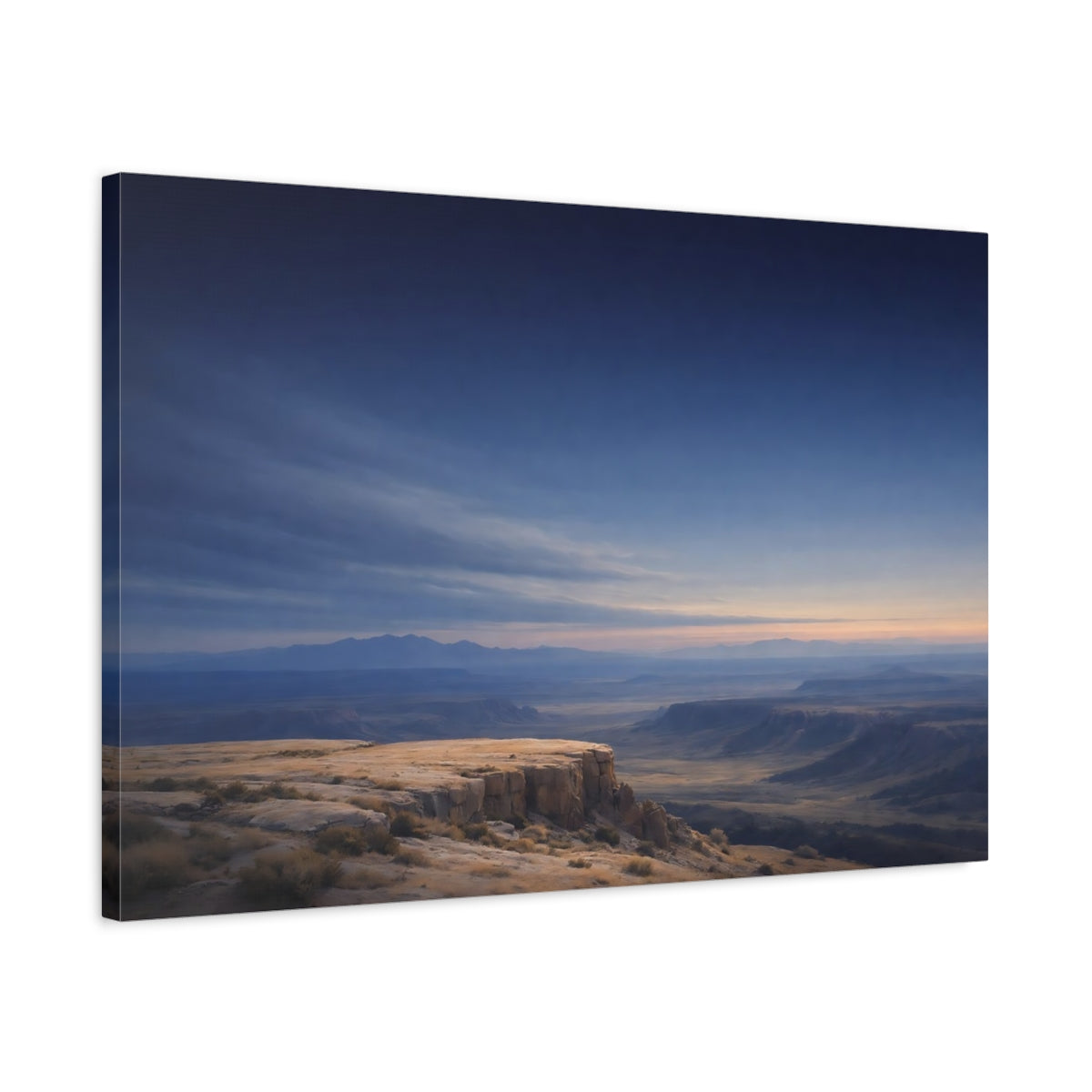 Side Mockup 2. Nature Canyon Vista Blue And Gold shown as stretched canvas wall art