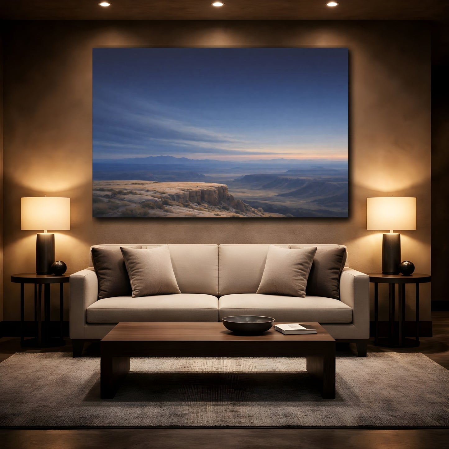 Mockup 2. Nature Canyon Vista Blue And Gold shown as stretched canvas wall art