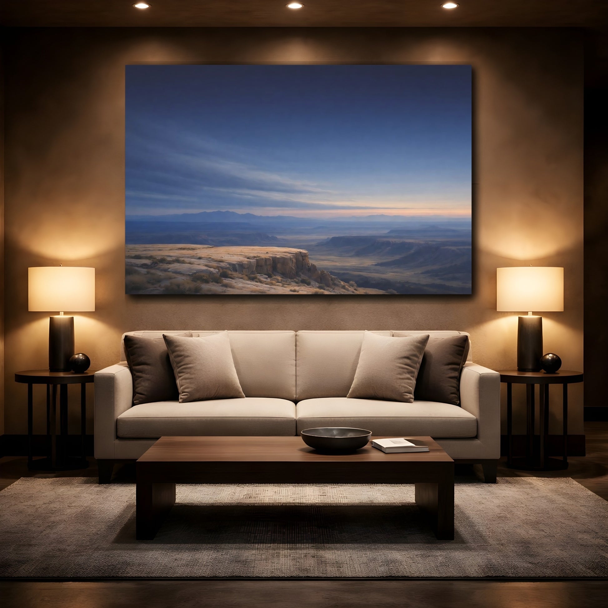 Mockup 2. Nature Canyon Vista Blue And Gold shown as stretched canvas wall art